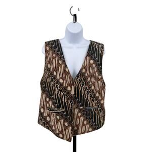 WMNS Bali Print Vest Sleeveless V-neck Button Up Jacket Layering Piece Brown/Tan